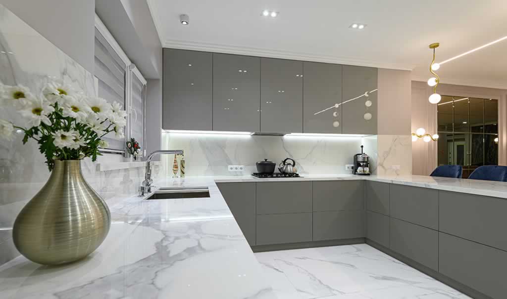 modern kitchen with high gloss frameless kitchen cabinets