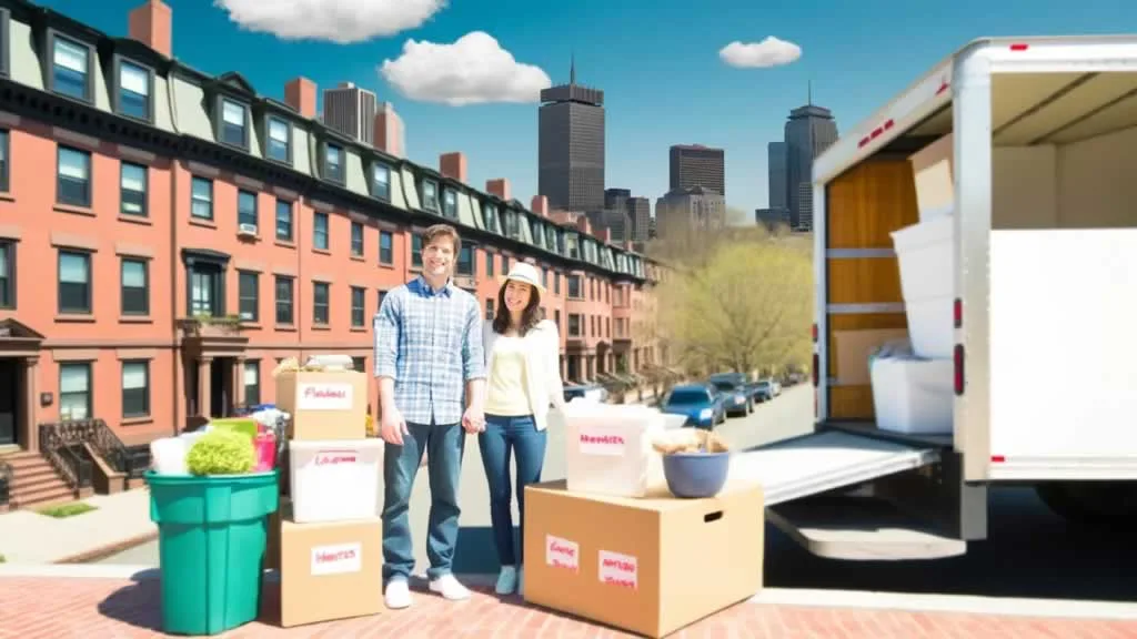 family unloading boxes from the moving truck