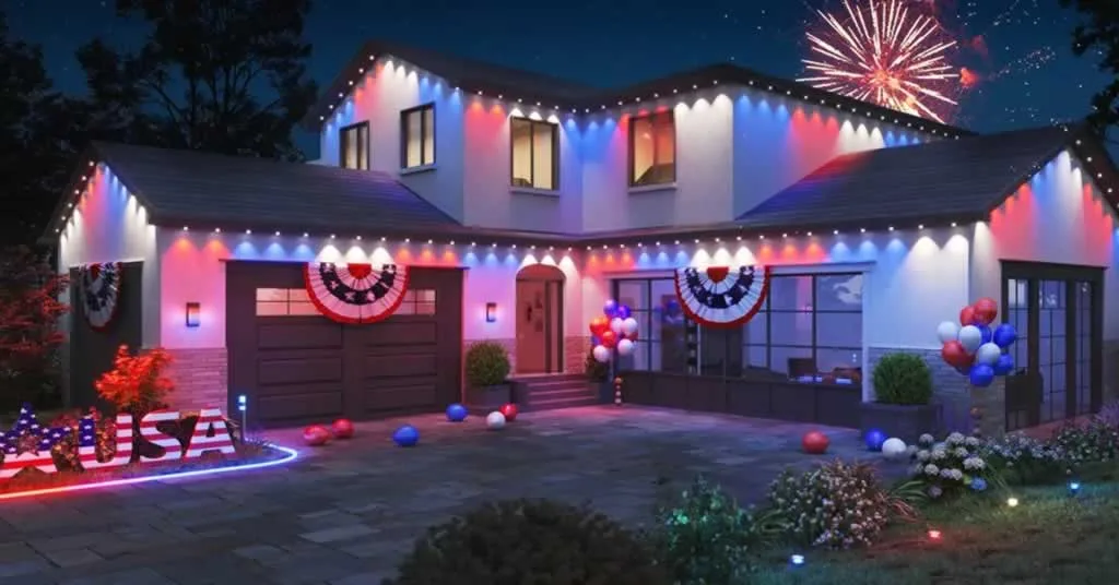 RGB permanent Christmas light kit on the house at night
